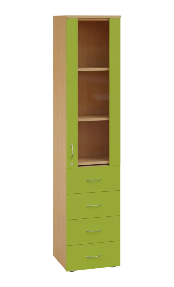 LE - 44 skříň léková prosklená, pravá, korpus javor horský, dvířka jarní zeleň